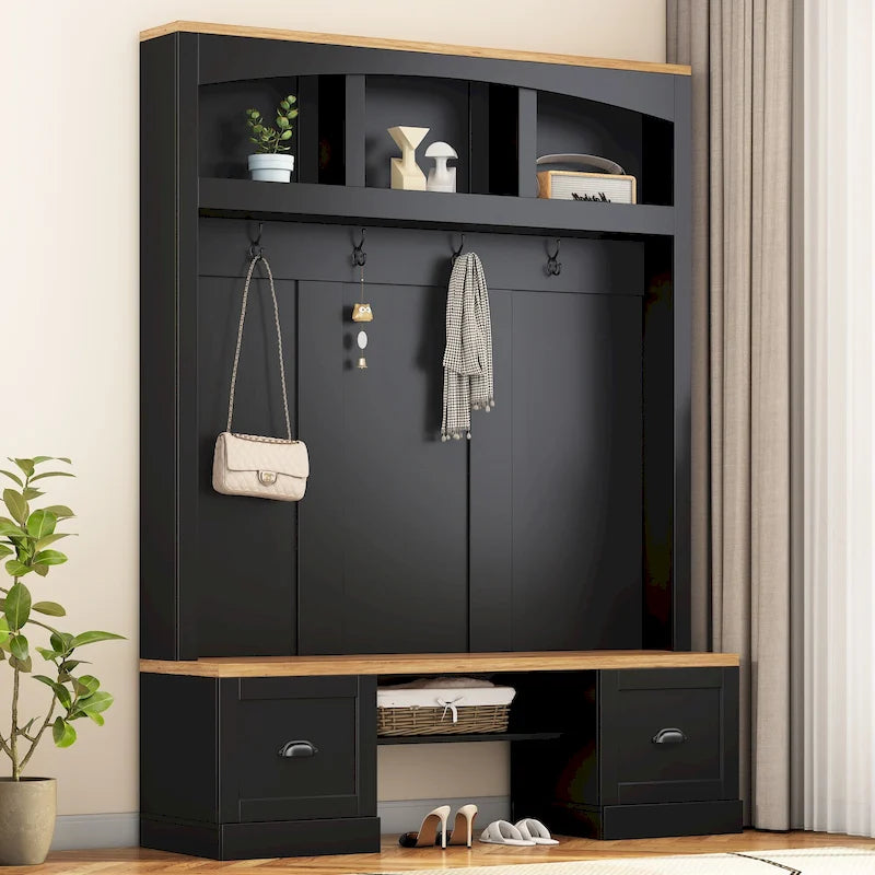 Farmhouse Hall Tree with Wood Grain Bench, Hooks and Bottom Cabinets