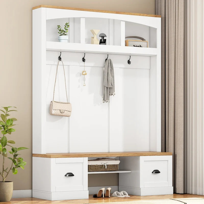 Farmhouse Hall Tree with Wood Grain Bench, Hooks and Bottom Cabinets