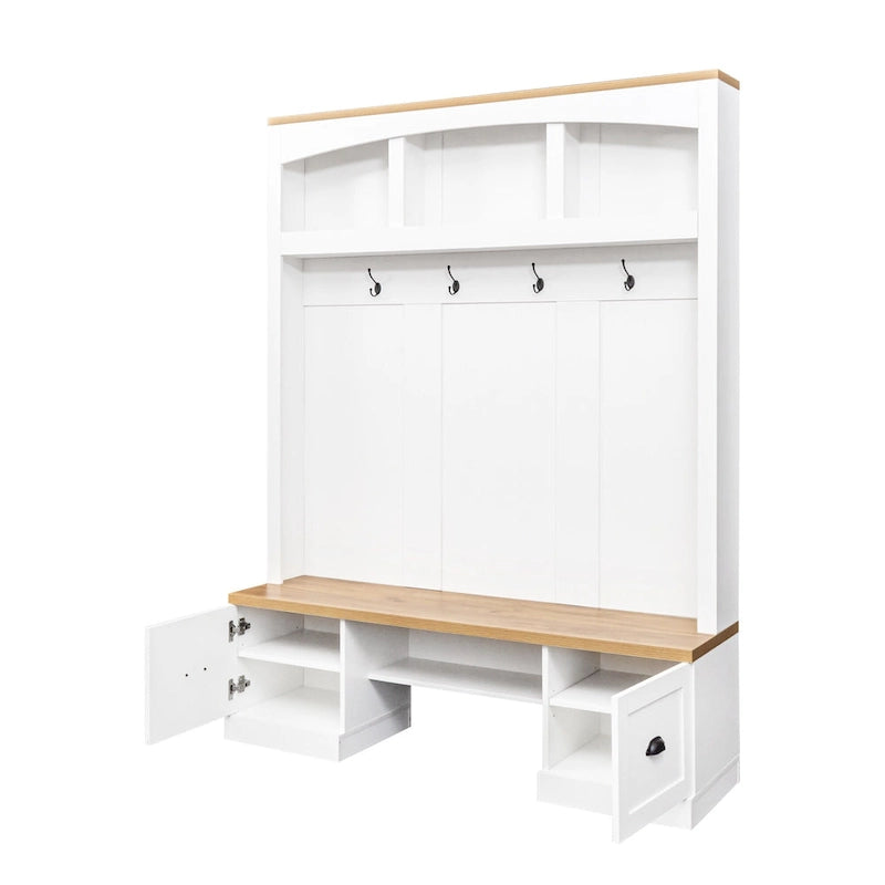 Farmhouse Hall Tree with Wood Grain Bench, Hooks and Bottom Cabinets
