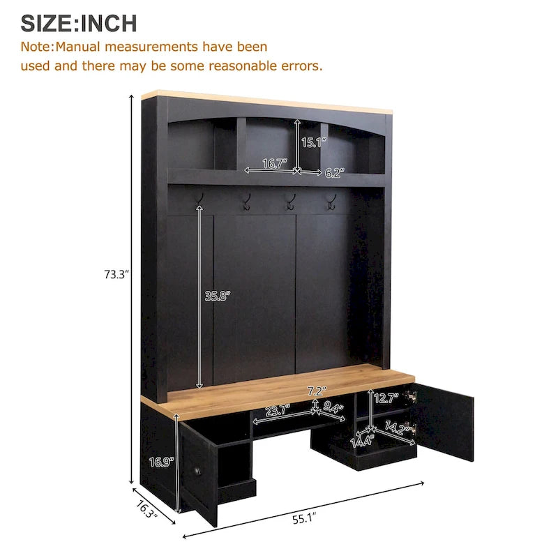 Farmhouse Hall Tree with Wood Grain Bench, Hooks and Bottom Cabinets