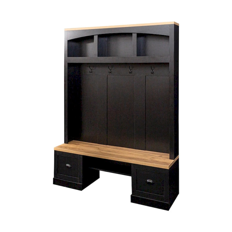 Farmhouse Hall Tree with Wood Grain Bench, Hooks and Bottom Cabinets
