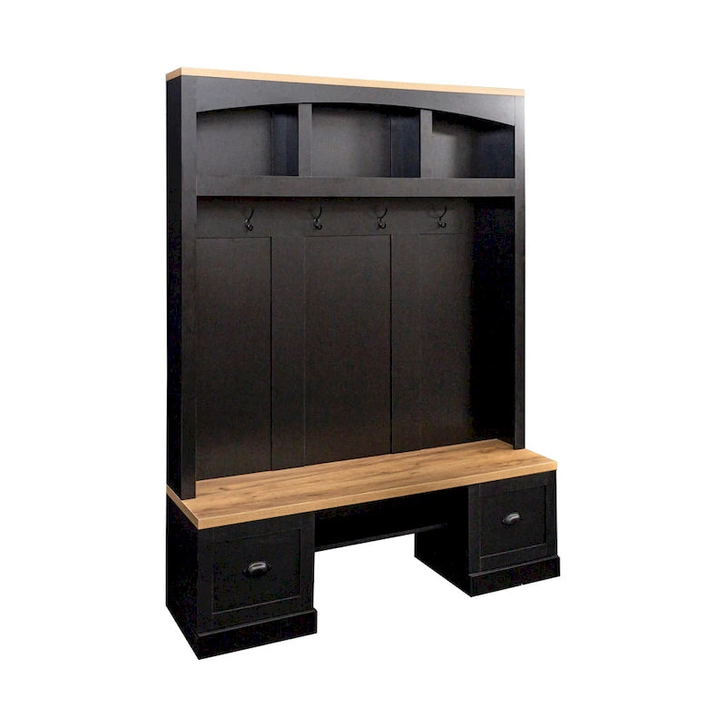 Farmhouse Hall Tree with Wood Grain Bench, Hooks and Bottom Cabinets