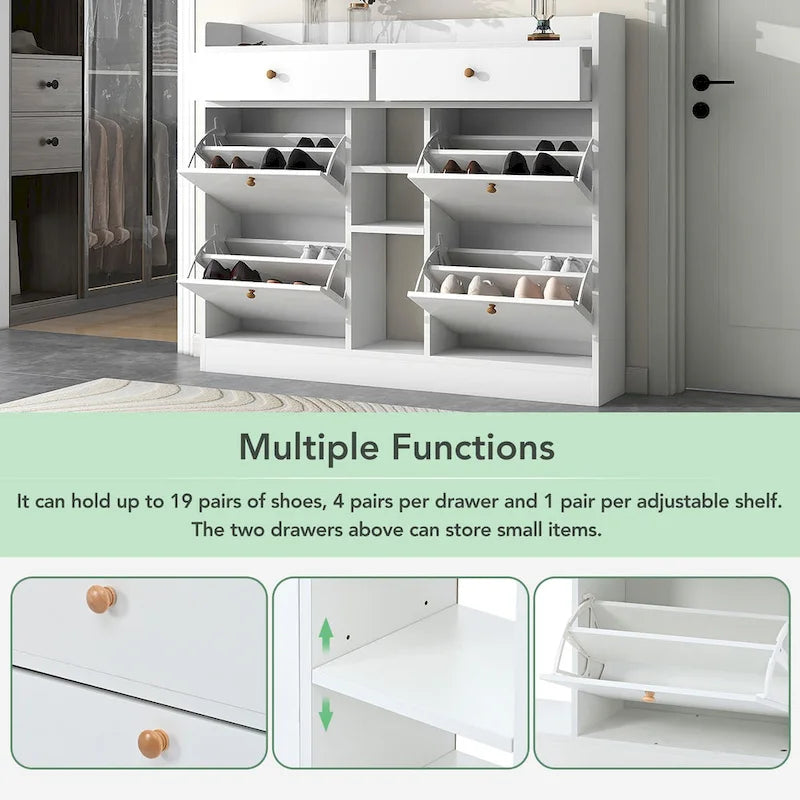 Modern Tipping Bucket Shoe Cabinet with 4 Flip Drawers, Multifunctional 2-Tier Shoe Storage Organizer with Drawers