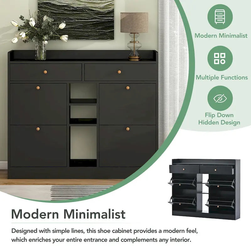 Modern Tipping Bucket Shoe Cabinet with 4 Flip Drawers, Multifunctional 2-Tier Shoe Storage Organizer with Drawers