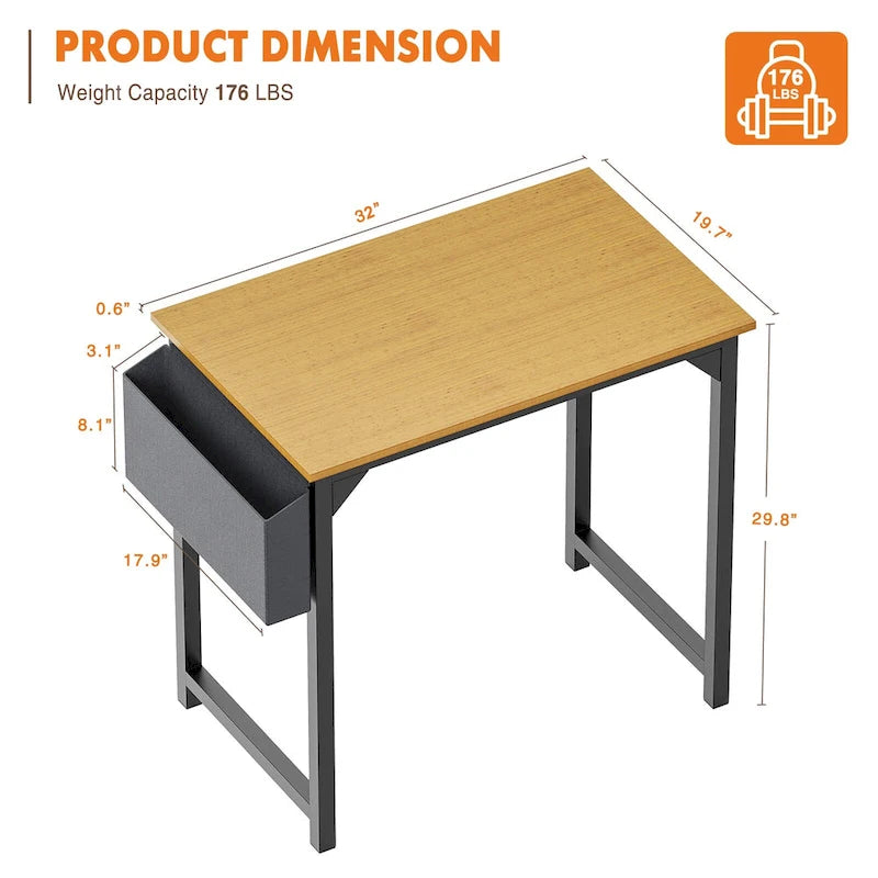 Modern Computer Office Desk with Storage Bag and Headphone Hook for Bedrooms and Study Corners or Small Home Offices