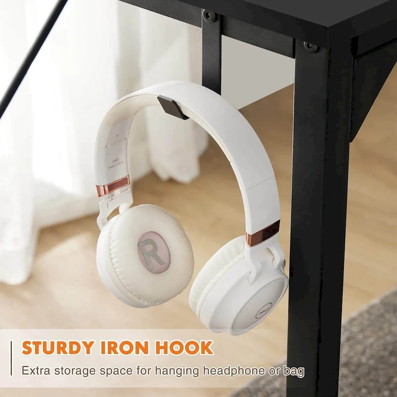 Modern Computer Office Desk with Storage Bag and Headphone Hook for Bedrooms and Study Corners or Small Home Offices
