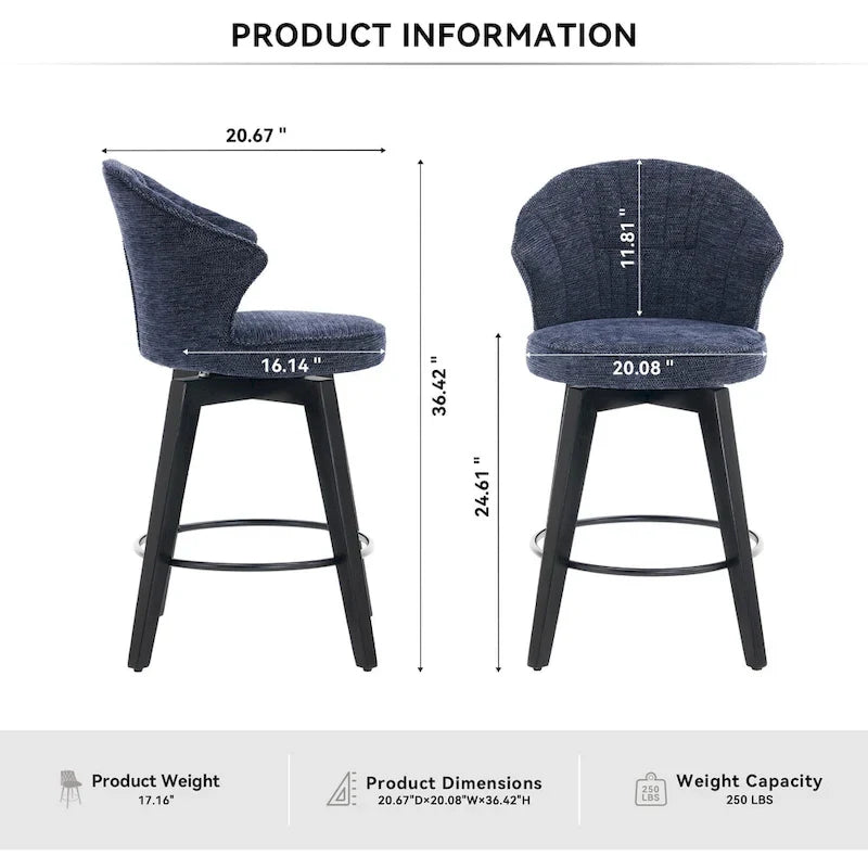 Wing Back Swivel Bar Stools Set of 2 - 25 Counter Height Adjustable Stools with Wood Legs & Chenille Upholstery, Leveling Feet