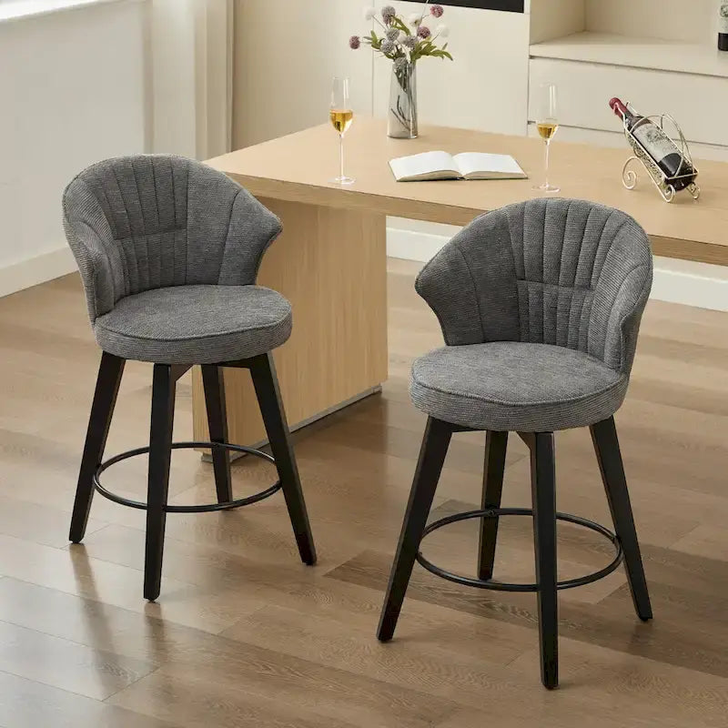 Wing Back Swivel Bar Stools Set of 2 - 25 Counter Height Adjustable Stools with Wood Legs & Chenille Upholstery, Leveling Feet
