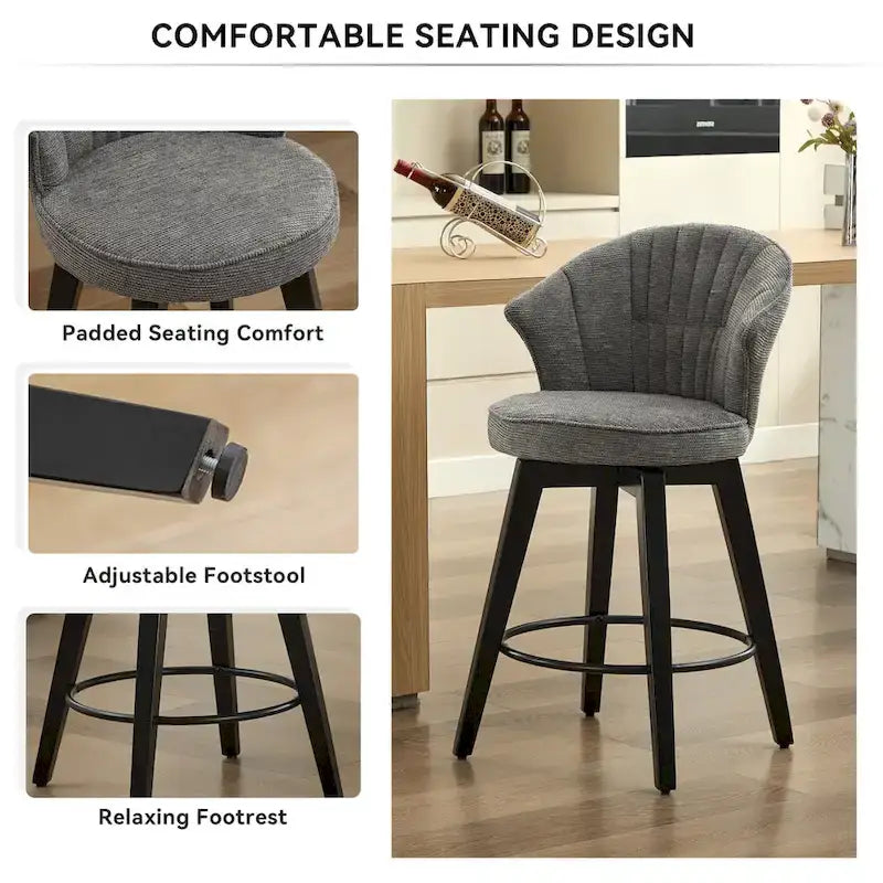 Wing Back Swivel Bar Stools Set of 2 - 25 Counter Height Adjustable Stools with Wood Legs & Chenille Upholstery, Leveling Feet