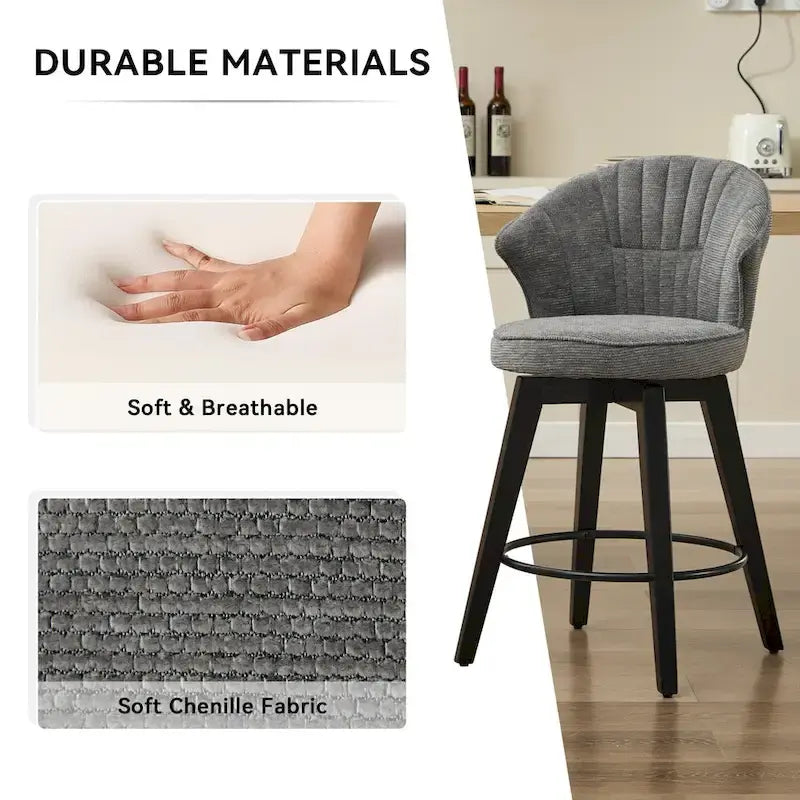 Wing Back Swivel Bar Stools Set of 2 - 25 Counter Height Adjustable Stools with Wood Legs & Chenille Upholstery, Leveling Feet