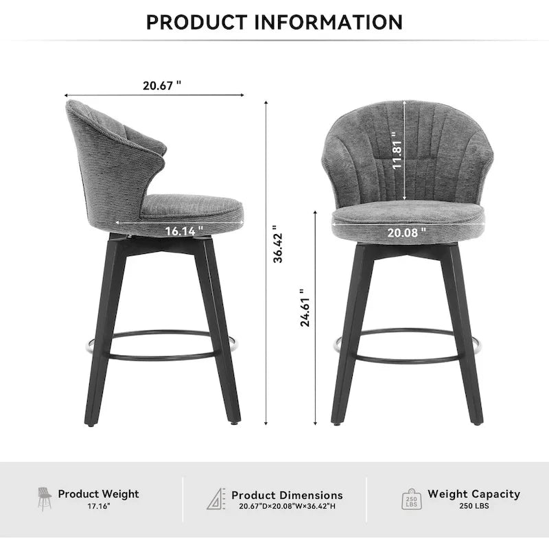 Wing Back Swivel Bar Stools Set of 2 - 25 Counter Height Adjustable Stools with Wood Legs & Chenille Upholstery, Leveling Feet