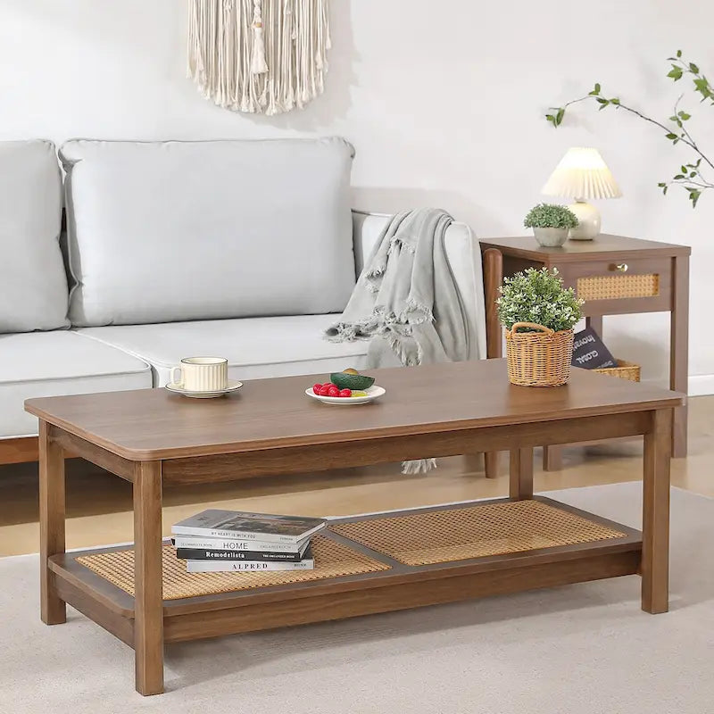 2-Tier Rectangular Coffee Table with Rattan Storage Shelf - 47.2L x 23.6W x 17.7H