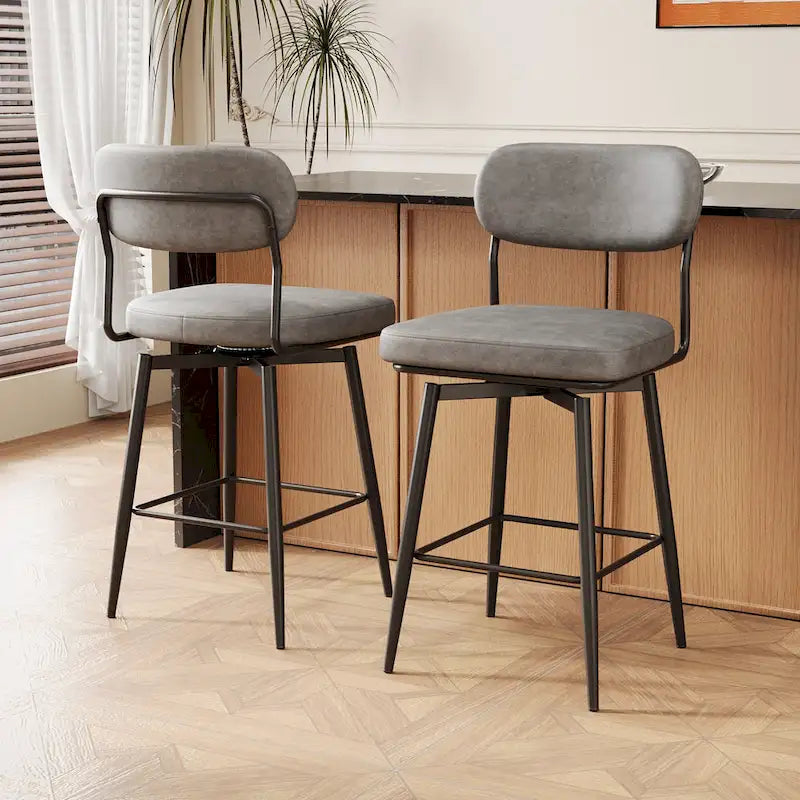 360 Swivel Bar Stools Set of 2 - Leather Upholstered Counter Height Stools with Iron Base for Kitchen Island & Office