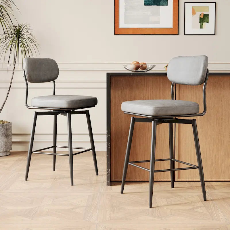 360 Swivel Bar Stools Set of 2 - Leather Upholstered Counter Height Stools with Iron Base for Kitchen Island & Office
