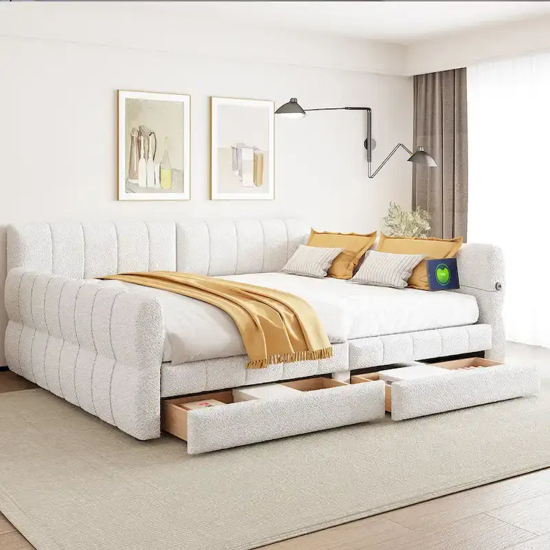 Queen Size Upholstered Bed with USB Charging - Platform Bed Frame with 2 Storage Drawers - Luxurious Fabric Headboard Included