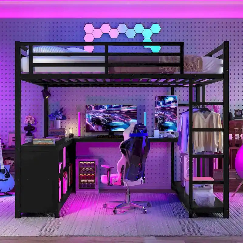 Metal Loft Bed with Wardrobe & L-Shaped Desk - Queen/Full Size Space-Saving Bed with Storage Cubes & Shelves for Teens/Adults