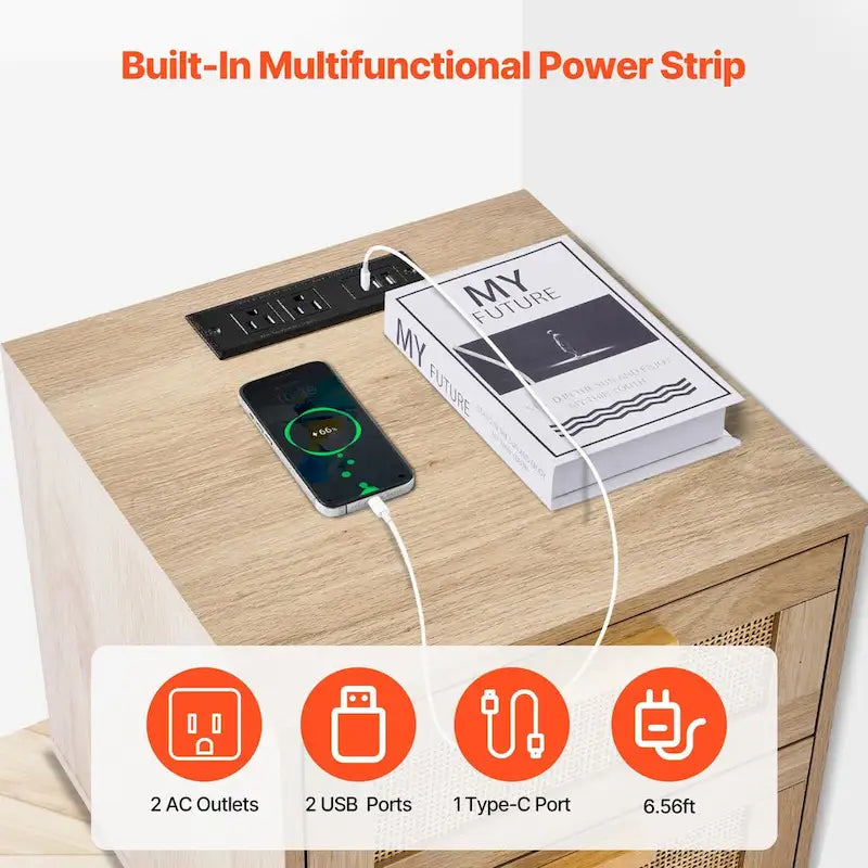 Natural Wooden Nightstand Side End Table with 2 Rattan Decorated Storage Drawers and USB Ports