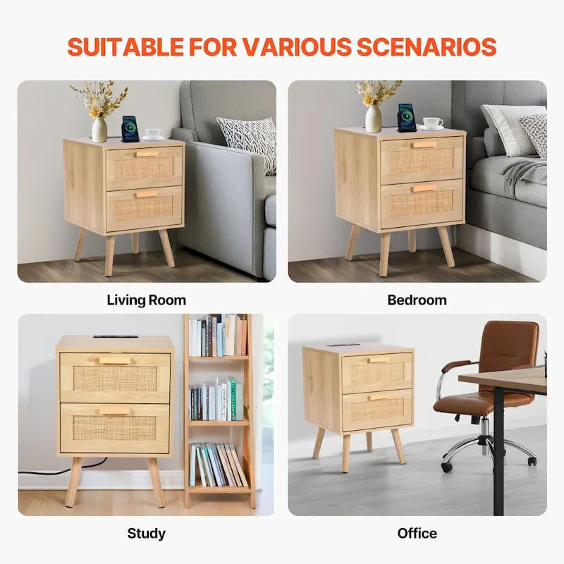 Natural Wooden Nightstand Side End Table with 2 Rattan Decorated Storage Drawers and USB Ports