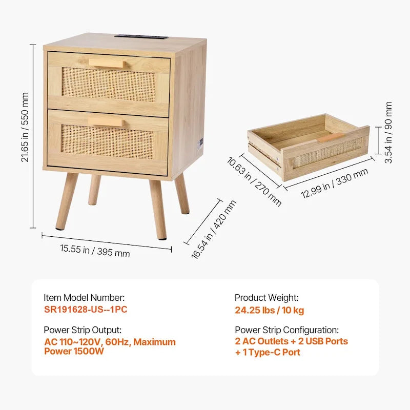 Natural Wooden Nightstand Side End Table with 2 Rattan Decorated Storage Drawers and USB Ports