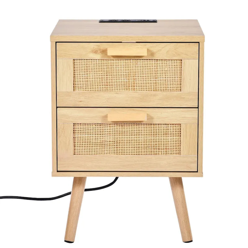 Natural Wooden Nightstand Side End Table with 2 Rattan Decorated Storage Drawers and USB Ports