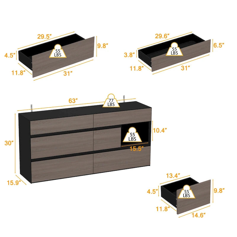 Dresser Sideboard with Wood Grain Drawers and Black Cabinet Wide Organizer for Hallway, Office, or Closet