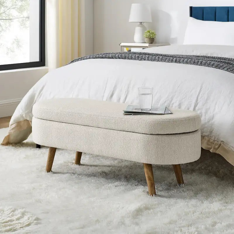 43.5 in. Oval Bedroom Bench Linen Fabric Upholstered Storage Ottoman Bench with Solid Wood Legs Entryway Bench