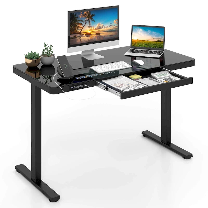 Costway 48 x 24 Whole-Piece Glass Standing Desk w/Drawers Writable