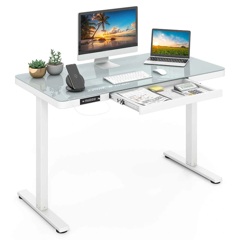 Costway 48 x 24 Whole-Piece Glass Standing Desk w/Drawers Writable