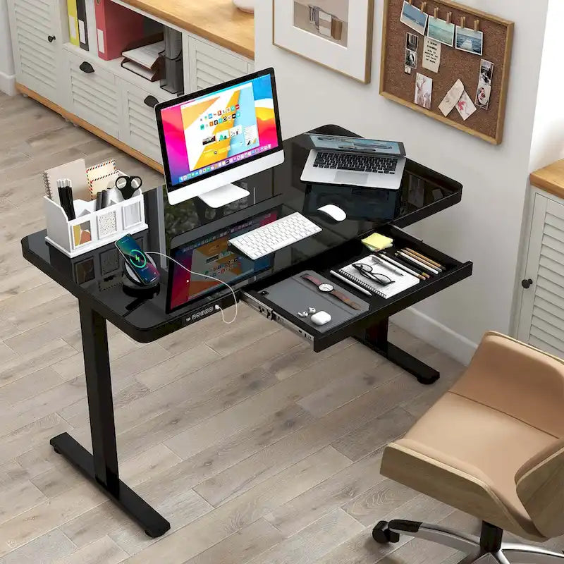 Costway 48 x 24 Whole-Piece Glass Standing Desk w/Drawers Writable
