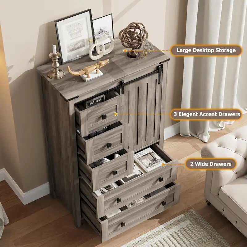 5 Drawer Dresser, Farmhouse Chest of Drawer with Sliding Barn Door