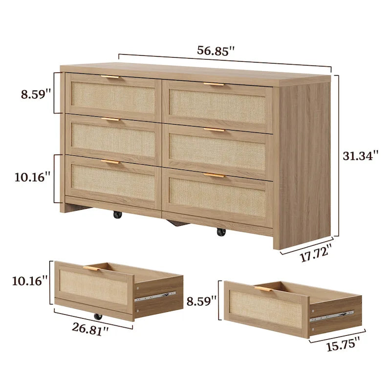 Set of 2 Elegant Right Angled Dresser with 6 Rattan Woven Drawers