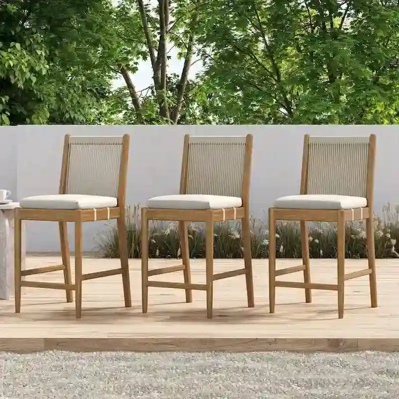 Kayden Solid Wood Dining Chair or Bar Stool with Woven Rope Backrest, Upholstered Stool for Kitchen or Bar
