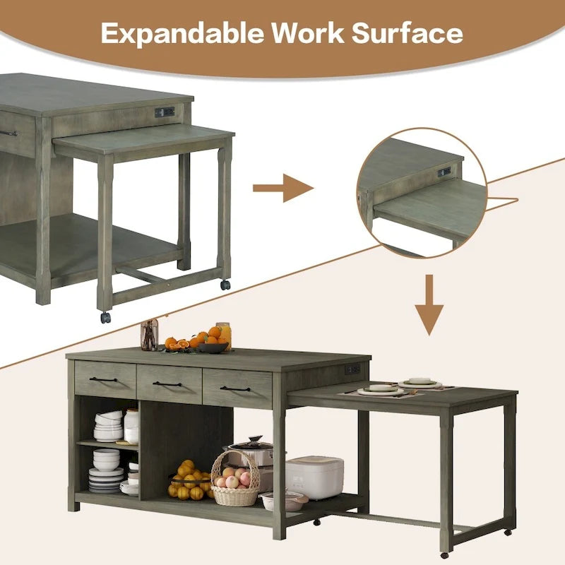 Retro Wooden Extendable Kitchen Island with Built-in Power Outlets and Drawers