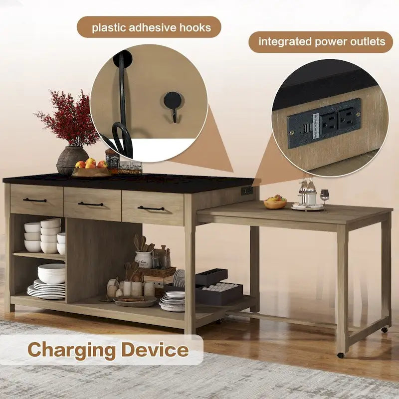 Retro Wooden Extendable Kitchen Island with Built-in Power Outlets and Drawers