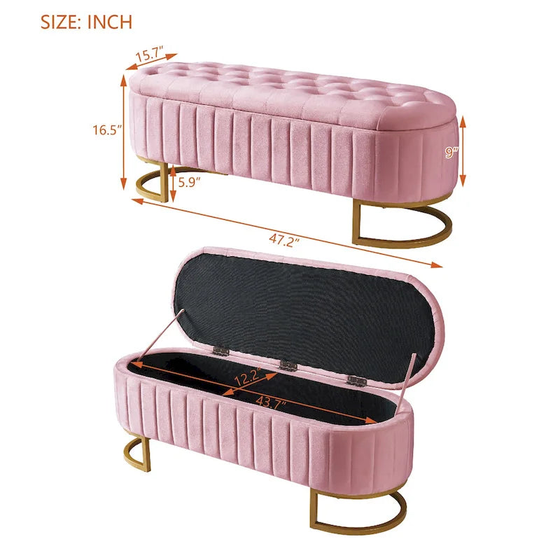 Roomfitters Elegant Velvet Storage Ottoman with Button-Tufted Design, Upholstered Bench with Metal Legs for Bedroom