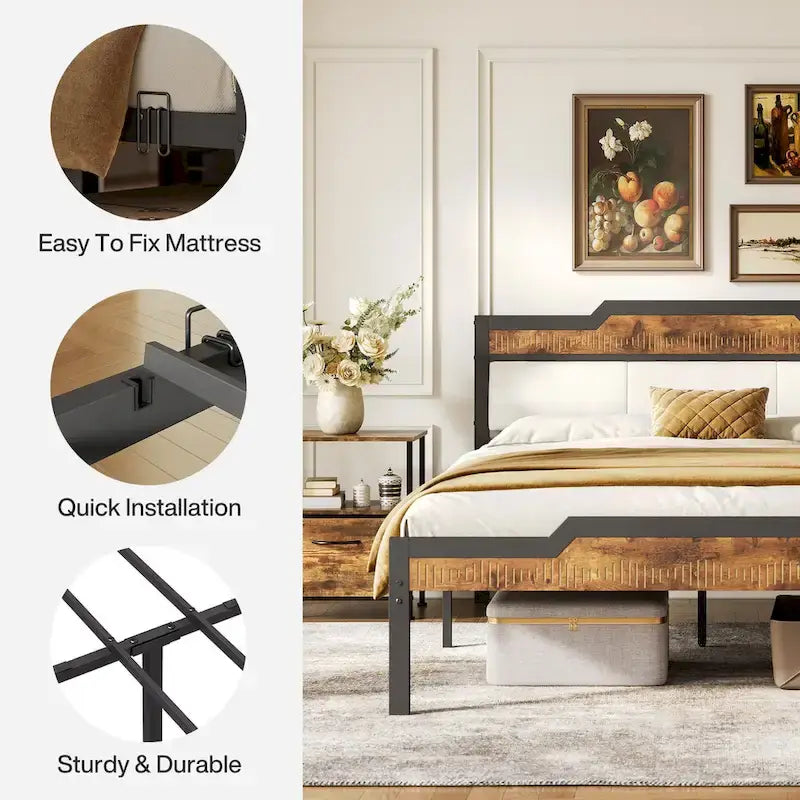Queen Size Bed Frame with Headboard and Footboard, Under-bed Storage, Brown