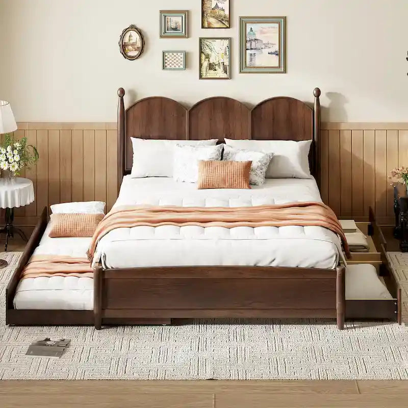Queen Size Platform Bed with 2 Drawers, Multifunctional Storage Bed Frame with Twin XL Size Trundle