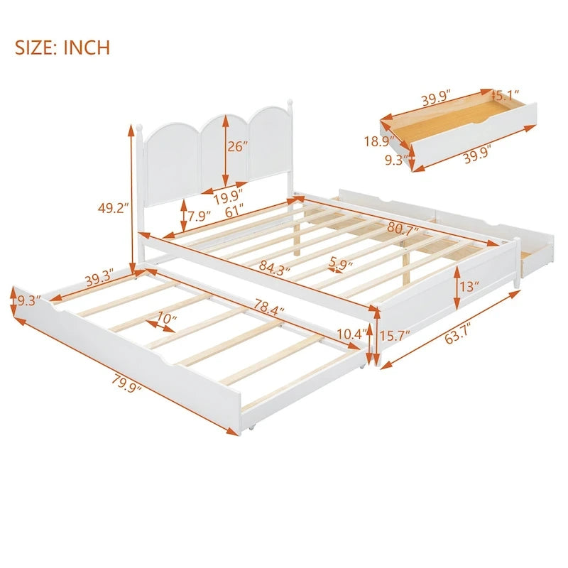 Queen Size Platform Bed with 2 Drawers, Multifunctional Storage Bed Frame with Twin XL Size Trundle