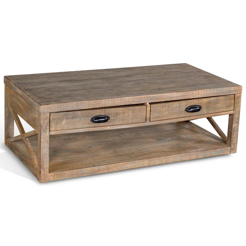 Rany Cocktail Table, 2 Drawers, Shelf, 48 Inch Rectangular Light Brown