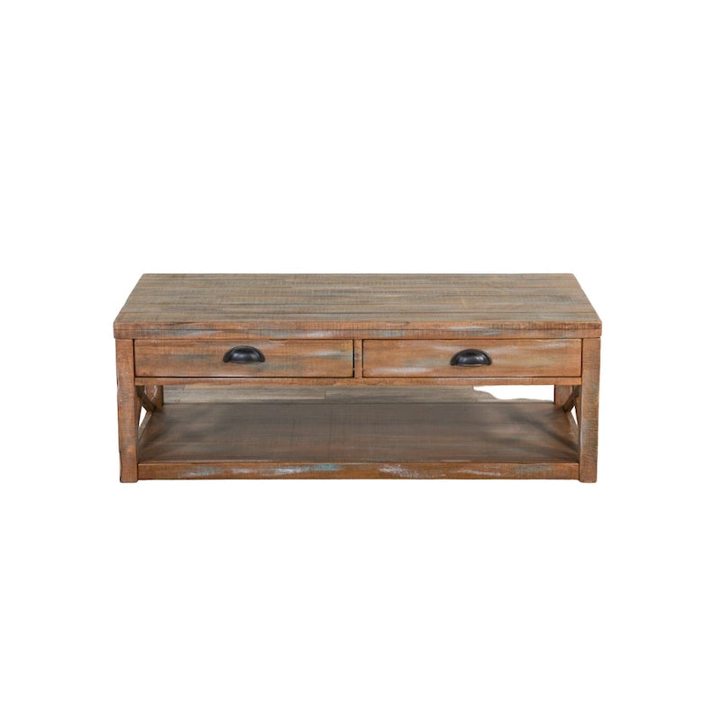 Rany Cocktail Table, 2 Drawers, Shelf, 48 Inch Rectangular Light Brown