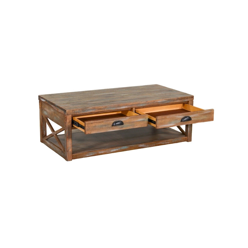 Rany Cocktail Table, 2 Drawers, Shelf, 48 Inch Rectangular Light Brown