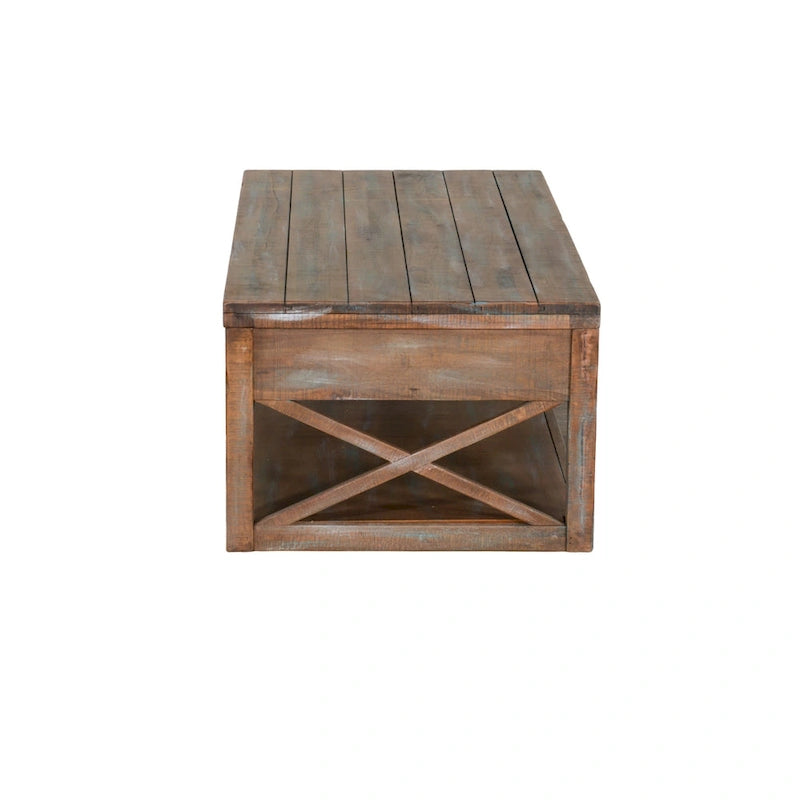 Rany Cocktail Table, 2 Drawers, Shelf, 48 Inch Rectangular Light Brown