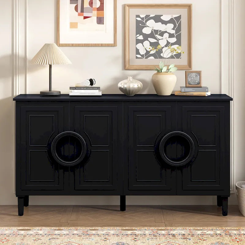 Sideboard Cabinet with Round Ring Handle, Wood Storage Cabinet with Adjustable Shelf, Console Table with 4 Doors