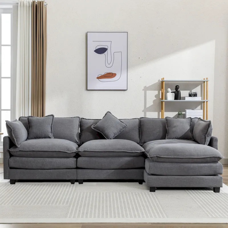 Roomfitters L-Shaped Chenille Upholstered Sofa with Ottoman and 5 Pillows, Modern Luxury Couch for Living Room