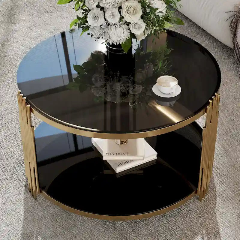 Modern Black Mirror Coffee Table with Gold Finish & Lower Shelf by Harper&Bright Designs