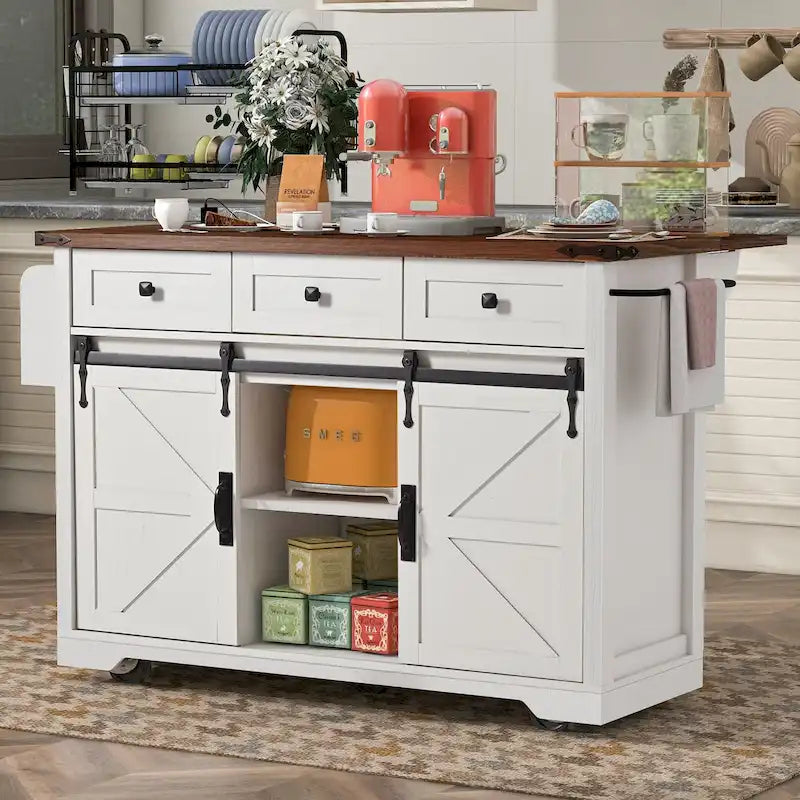 53.7 Farmhouse Kitchen Island With Power Outlet and Sliding Barn Doors, Rustic Storage Island With Drop Leaf and Drawers