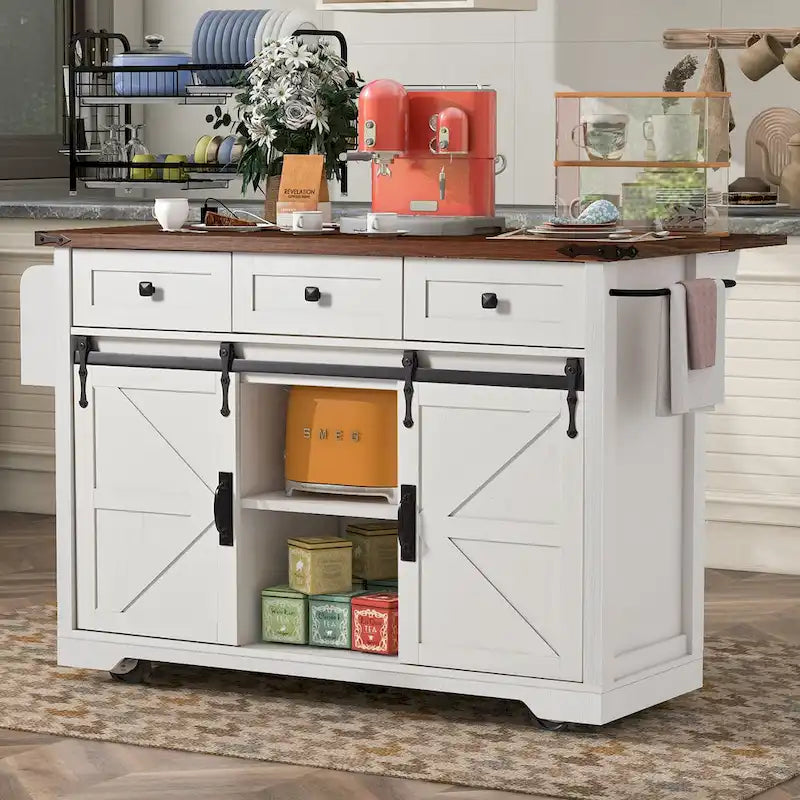 53.7 Farmhouse Kitchen Island With Power Outlet and Sliding Barn Doors, Rustic Storage Island With Drop Leaf and Drawers