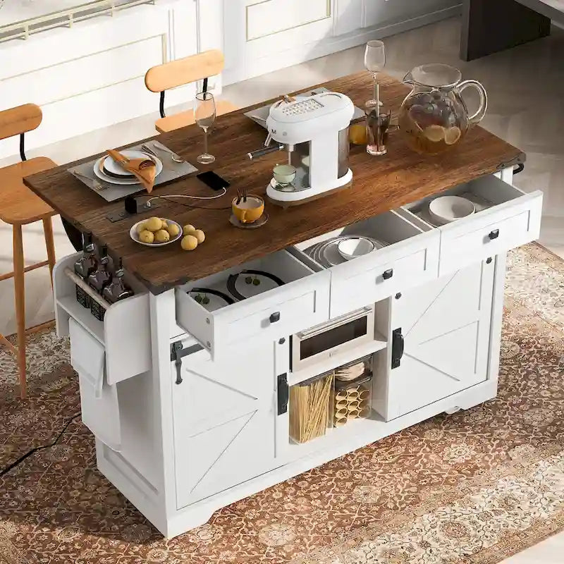 53.7 Farmhouse Kitchen Island With Power Outlet and Sliding Barn Doors, Rustic Storage Island With Drop Leaf and Drawers