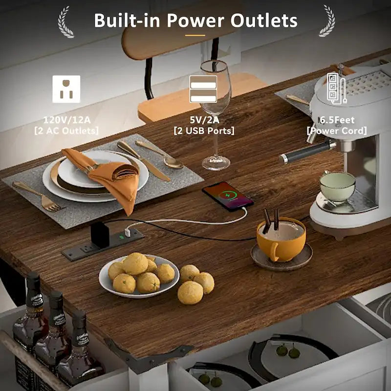53.7 Farmhouse Kitchen Island With Power Outlet and Sliding Barn Doors, Rustic Storage Island With Drop Leaf and Drawers
