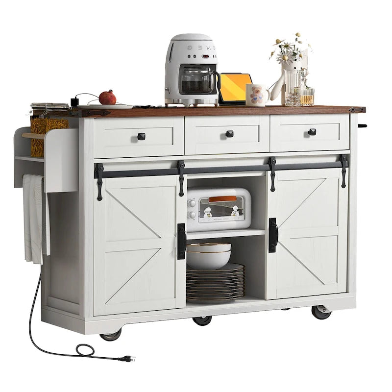 53.7 Farmhouse Kitchen Island With Power Outlet and Sliding Barn Doors, Rustic Storage Island With Drop Leaf and Drawers
